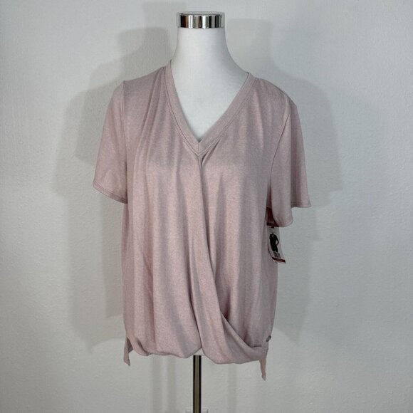 Calvin Klein Top Womens XL Pink V Neck Ruched Front Short Sleeve Knit Stretch NW - Picture 2 of 14